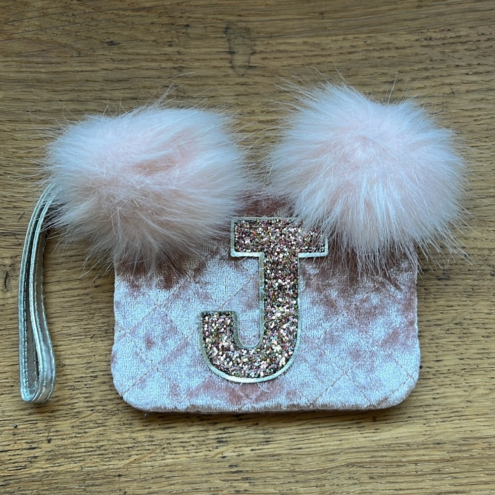 “J” Pom Pom Wristlet